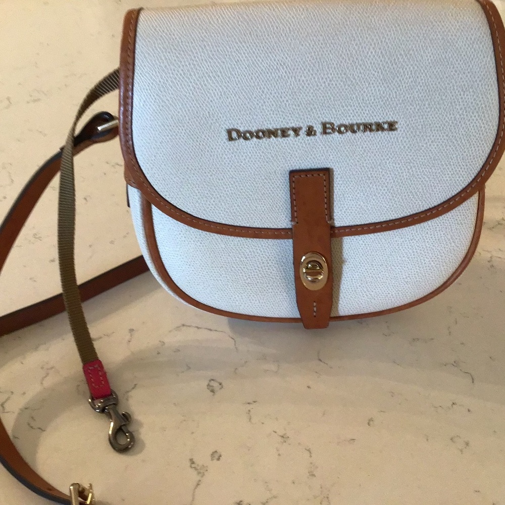 Dooney & Bourke bag, off- white and tan trim, 8”x8”x3”